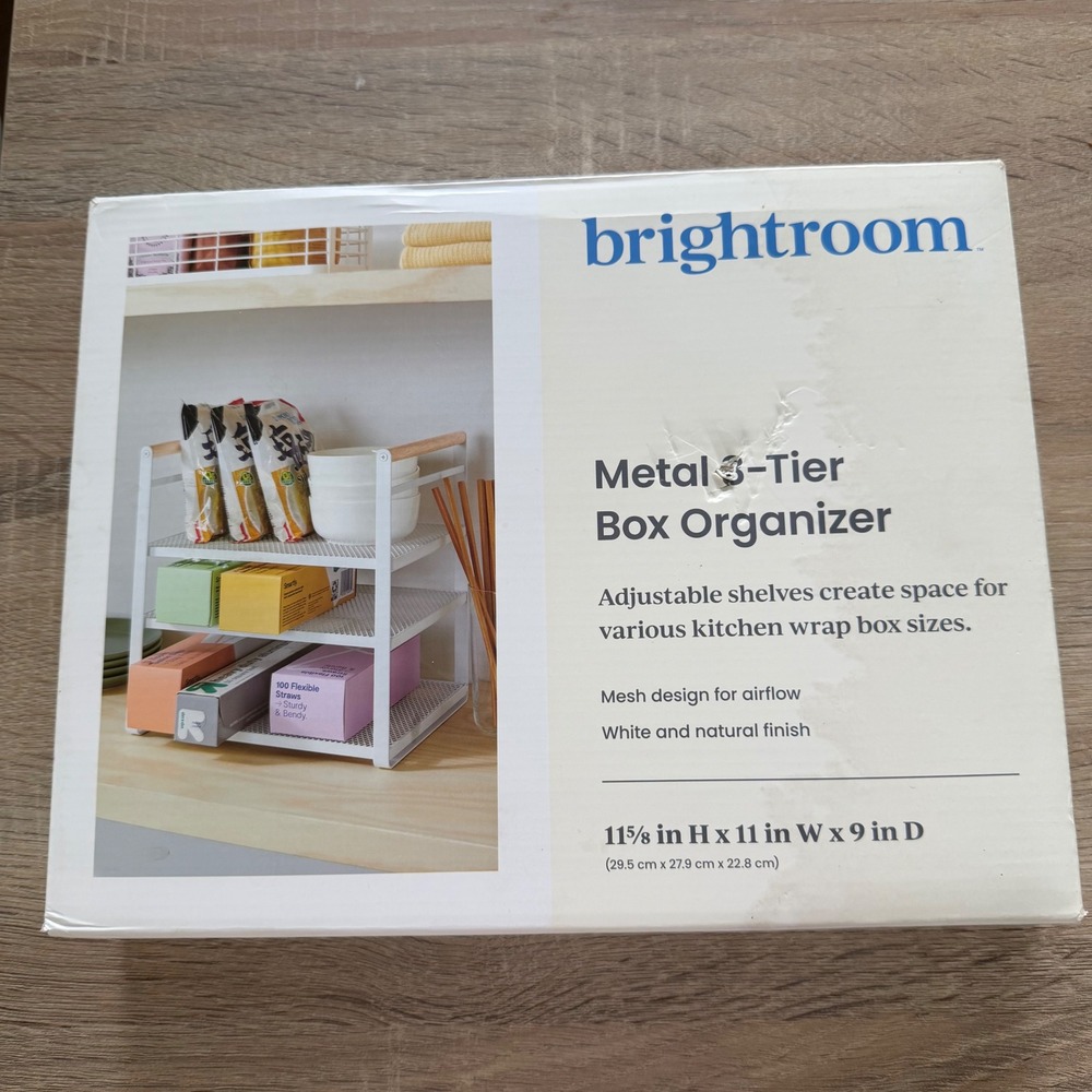 Brightroom Metal 3-Tier Box Organizer White Natural Wood Adjustable Kitchen Rack - Picture 2 of 3